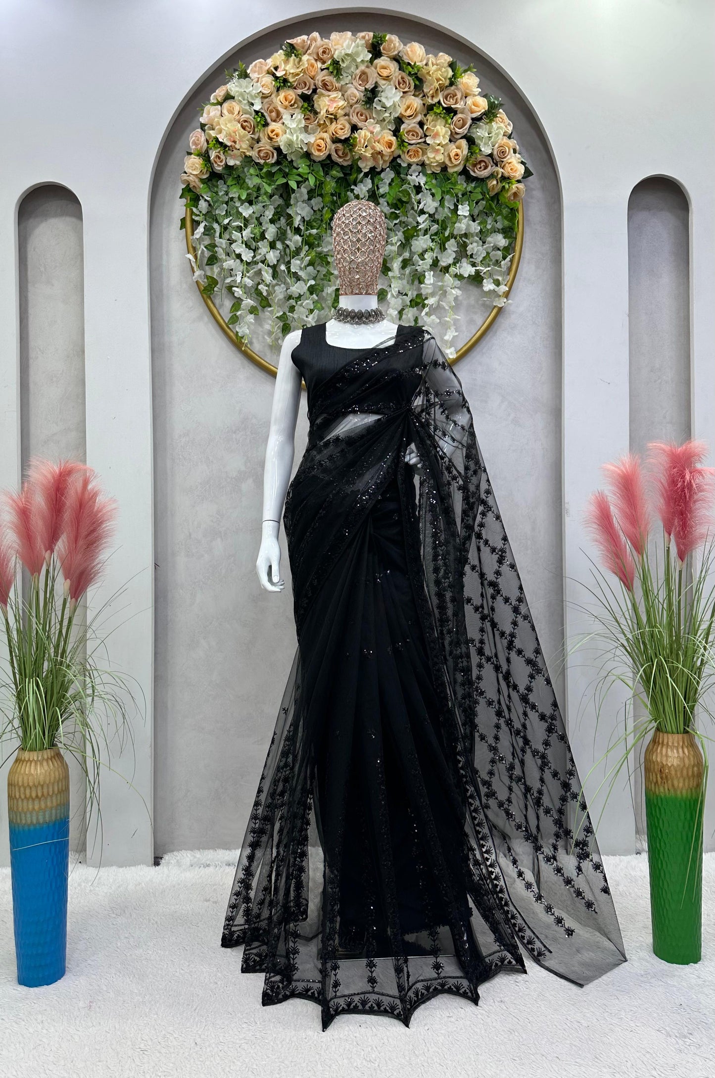 Charming Sequence Work Black Color Saree