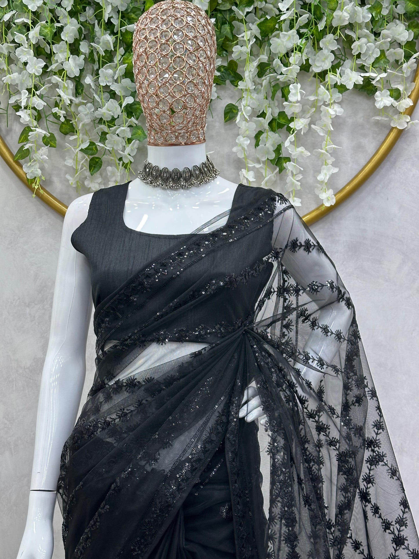 Charming Sequence Work Black Color Saree