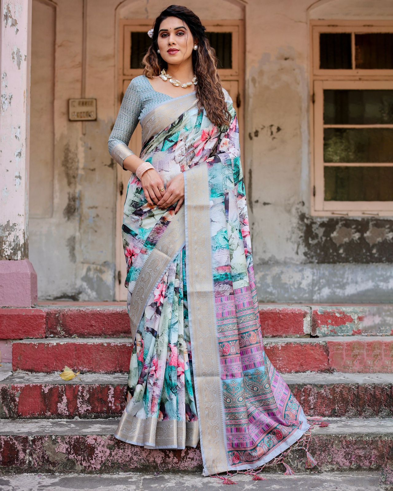 Luxuriant Printed Silk Sky Blue Color Saree