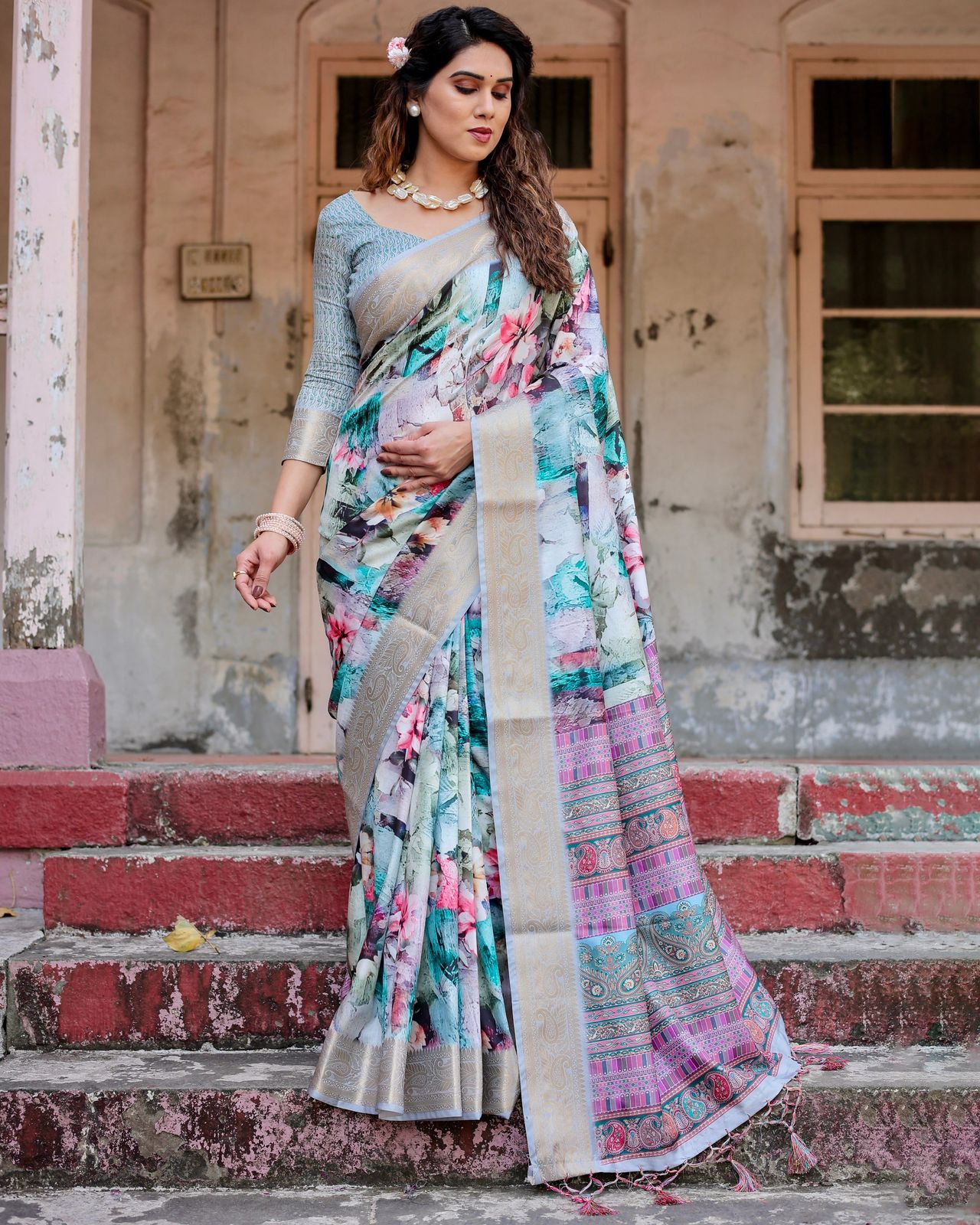 Luxuriant Printed Silk Sky Blue Color Saree