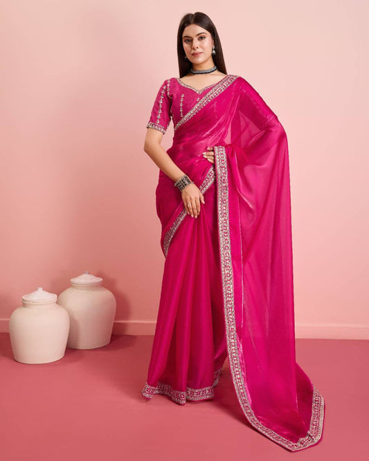 A Awesome Organza Silk Pink Color Saree