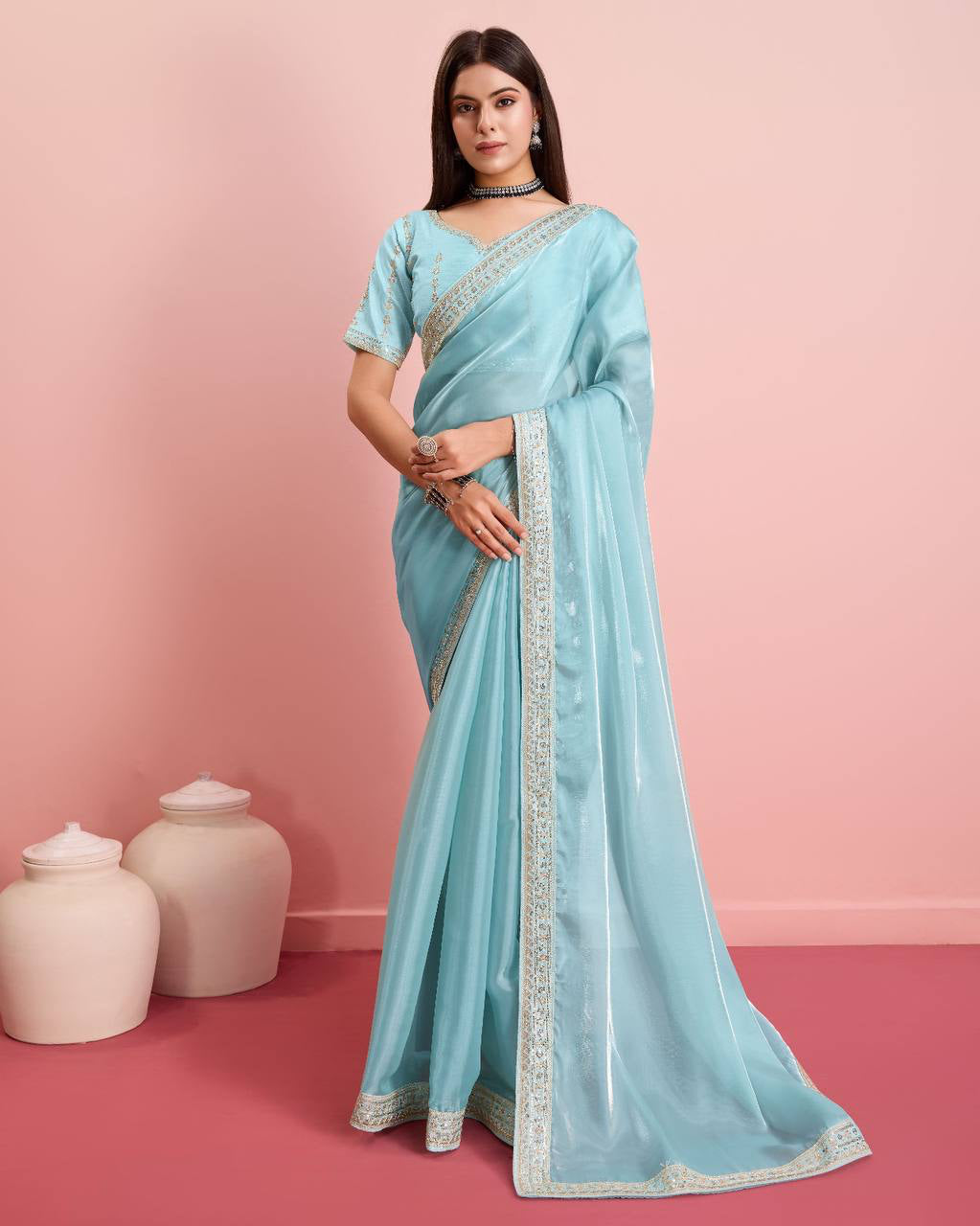 Awesome Organza Silk Sky Blue Color Saree