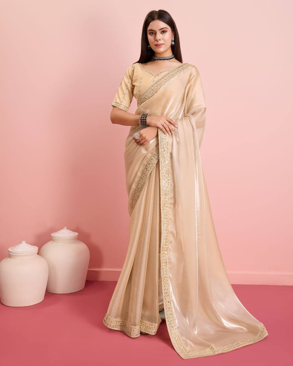 Awesome Organza Silk Beige Color Saree