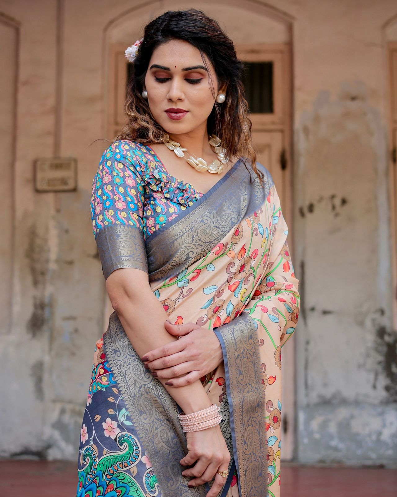 Luxuriant Printed Silk Peach Color Saree