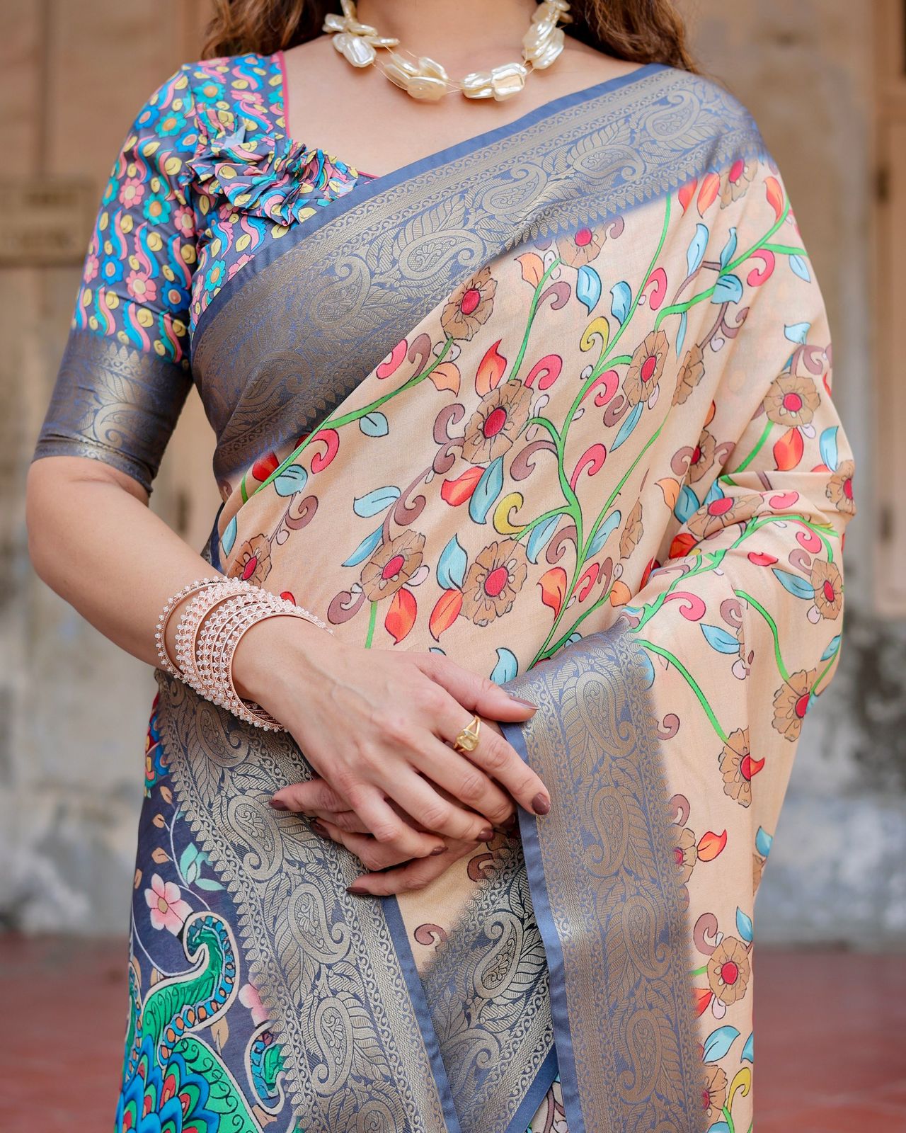 Luxuriant Printed Silk Peach Color Saree