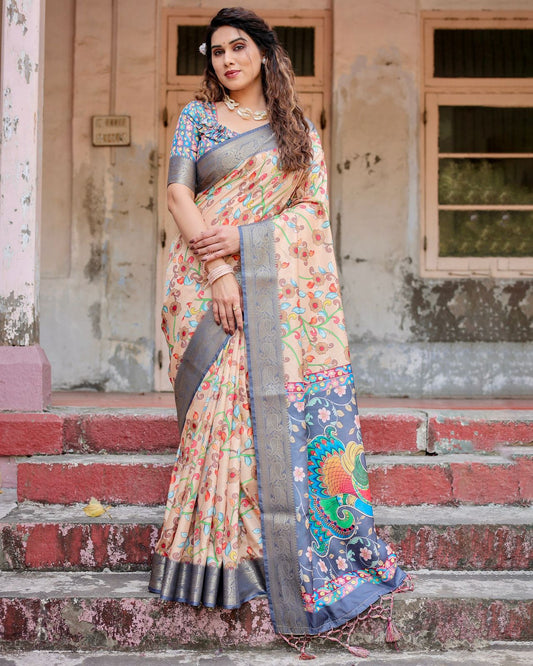 Luxuriant Printed Silk Peach Color Saree