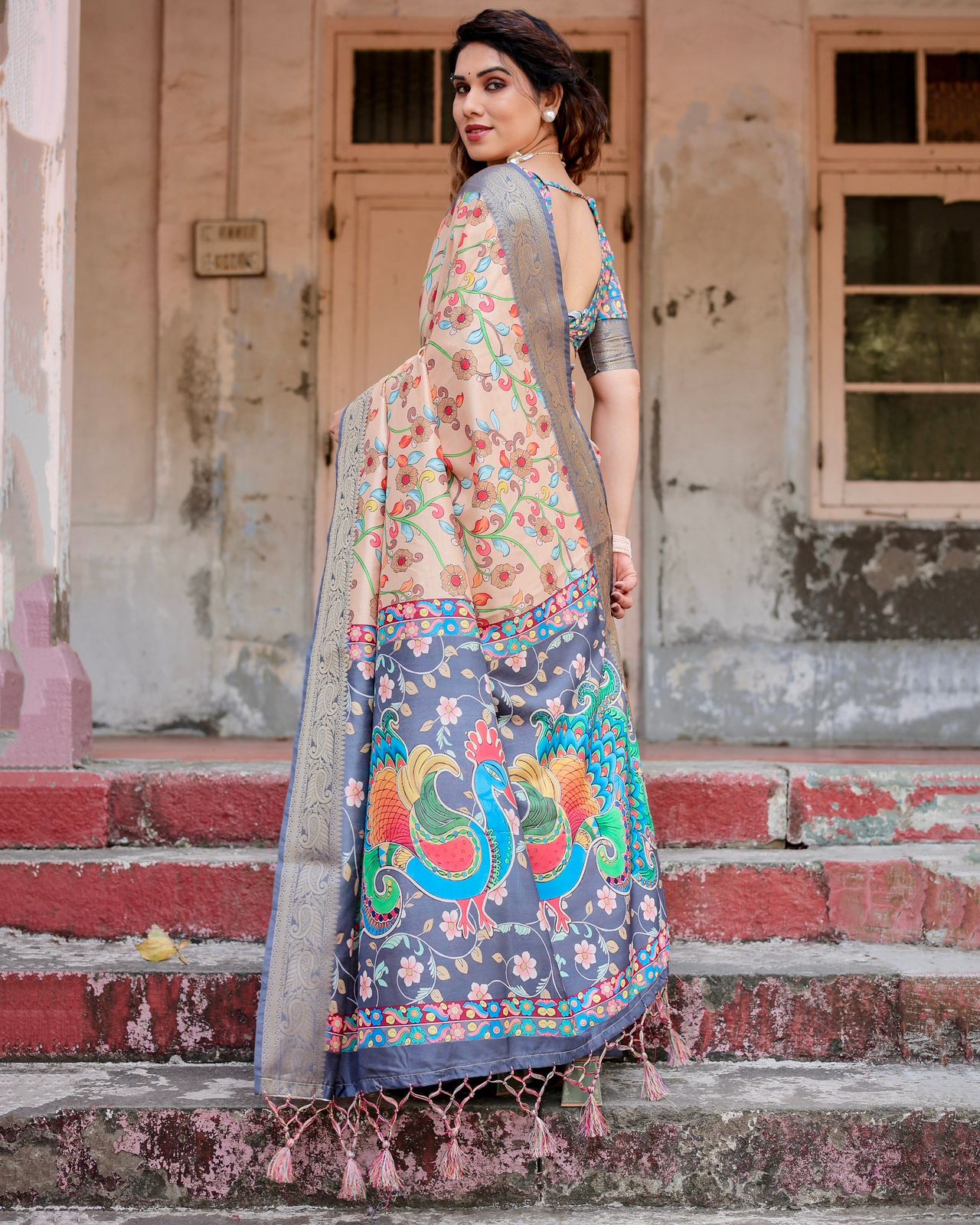 Luxuriant Printed Silk Peach Color Saree