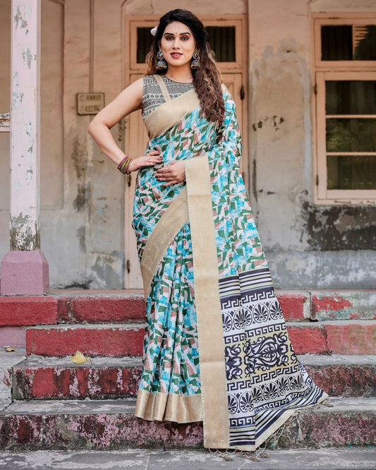 Luxuriant Printed Silk Sky Blue Color Saree