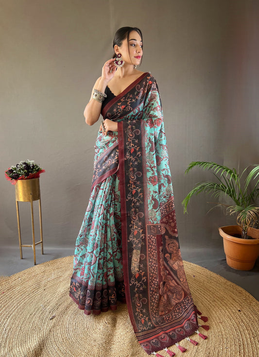 Captivating Sky Blue Color Cotton Saree