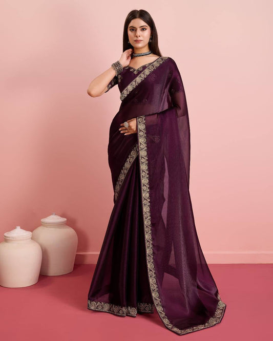 Peaceful Burberry Silk Wine Color Saree