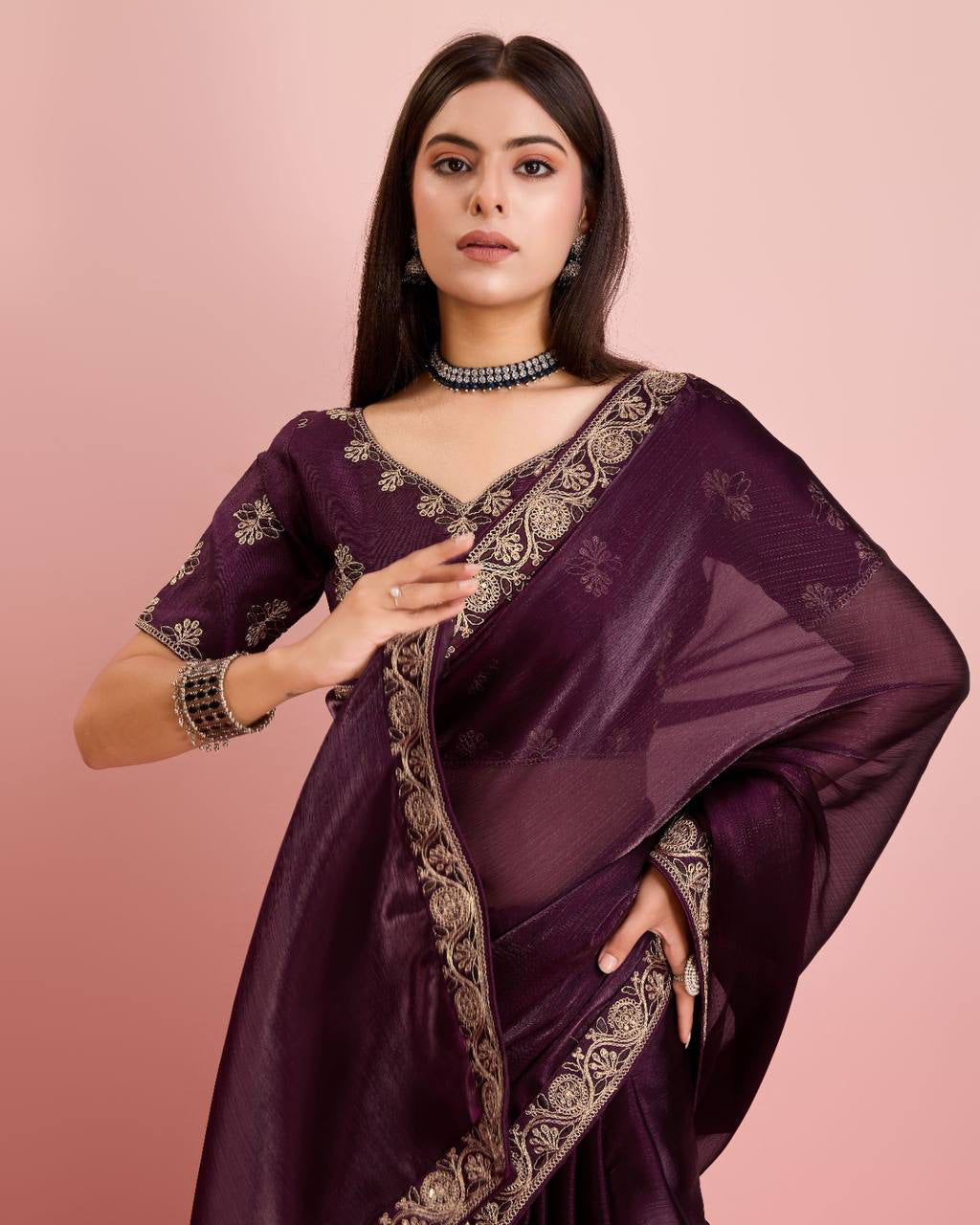 Peaceful Burberry Silk Wine Color Saree