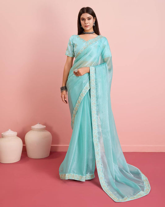 Peaceful Burberry Sky Blue Red Color Saree