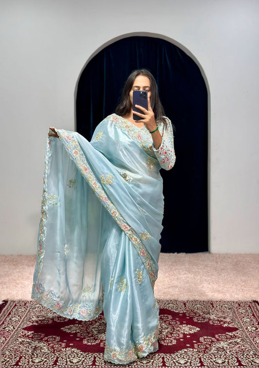 Classy Sky Blue Color Organza Saree