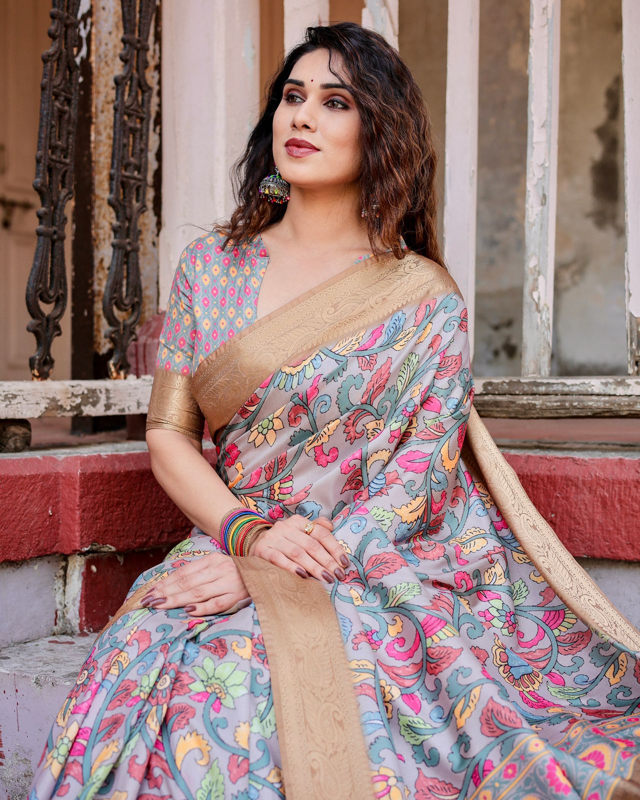 Blissful Grey Color Digital Printed Saree