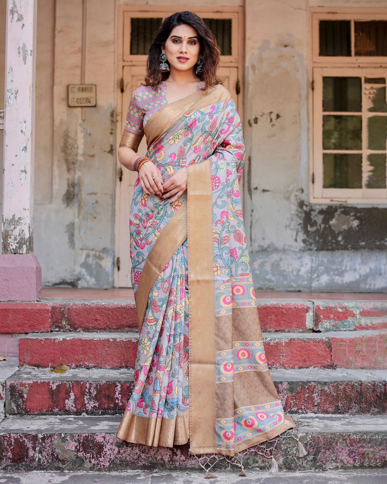 Blissful Grey Color Digital Printed Saree