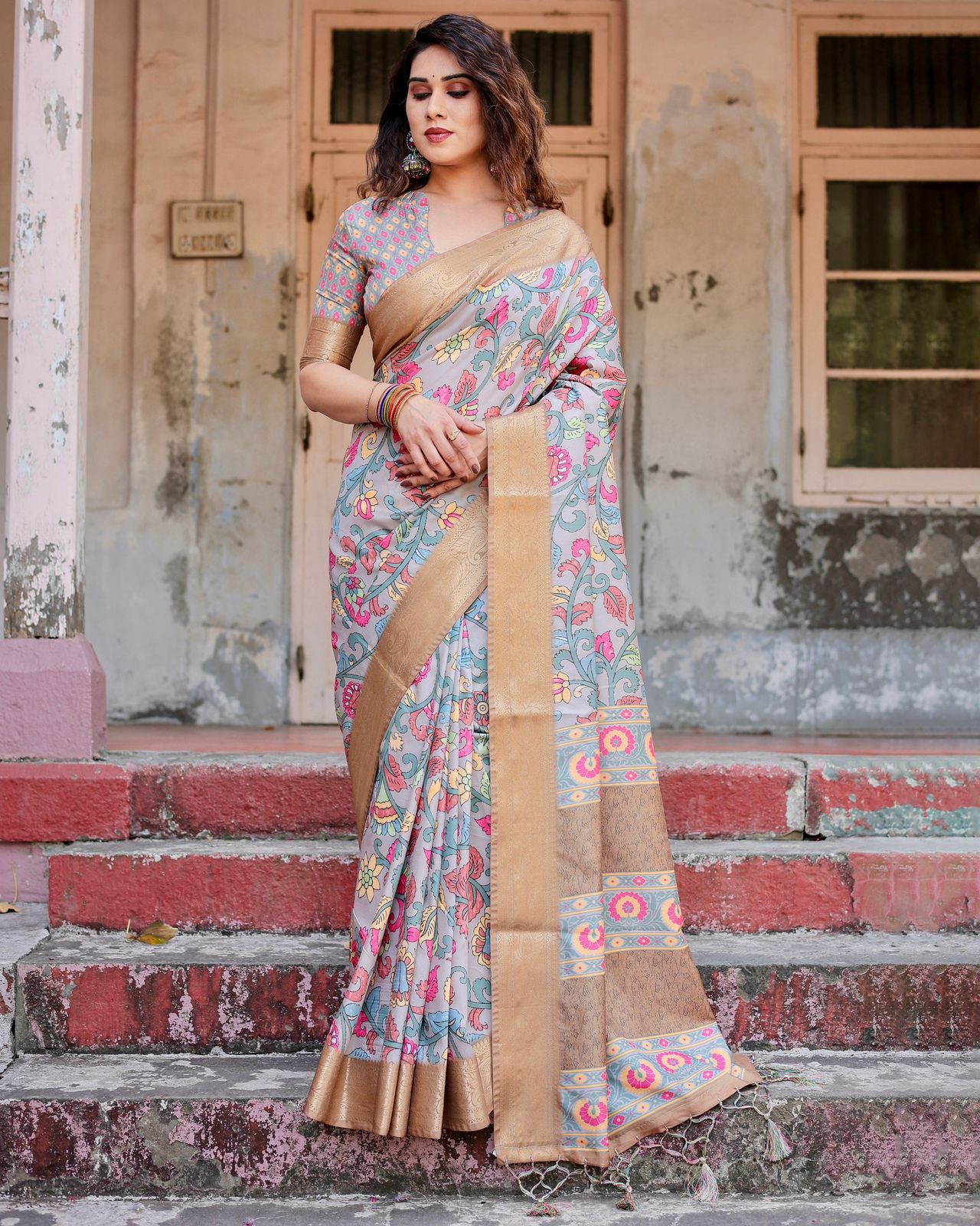 Blissful Grey Color Digital Printed Saree