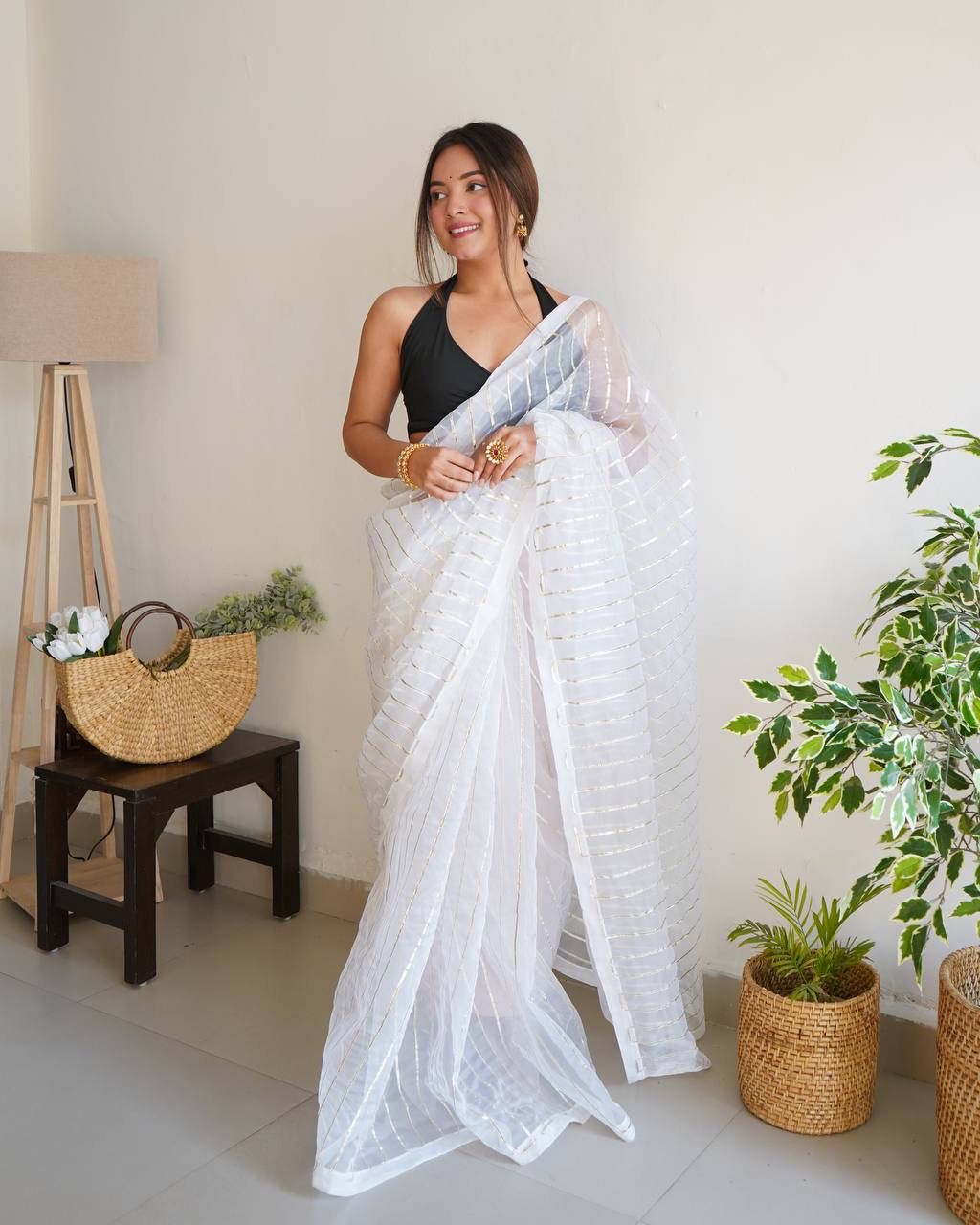 Designer Organza Silk White Color Saree