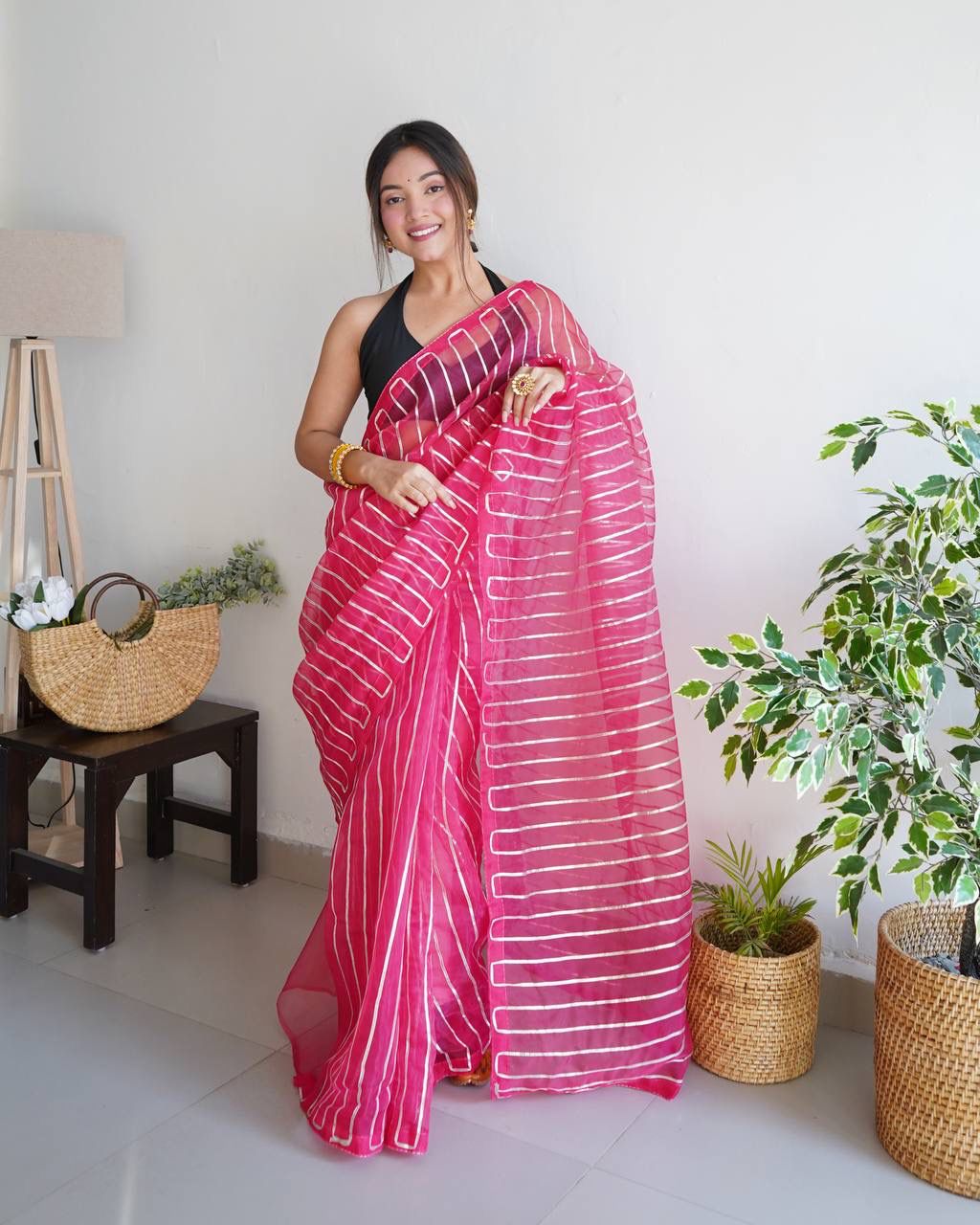 Designer Organza Silk Pink Color Saree