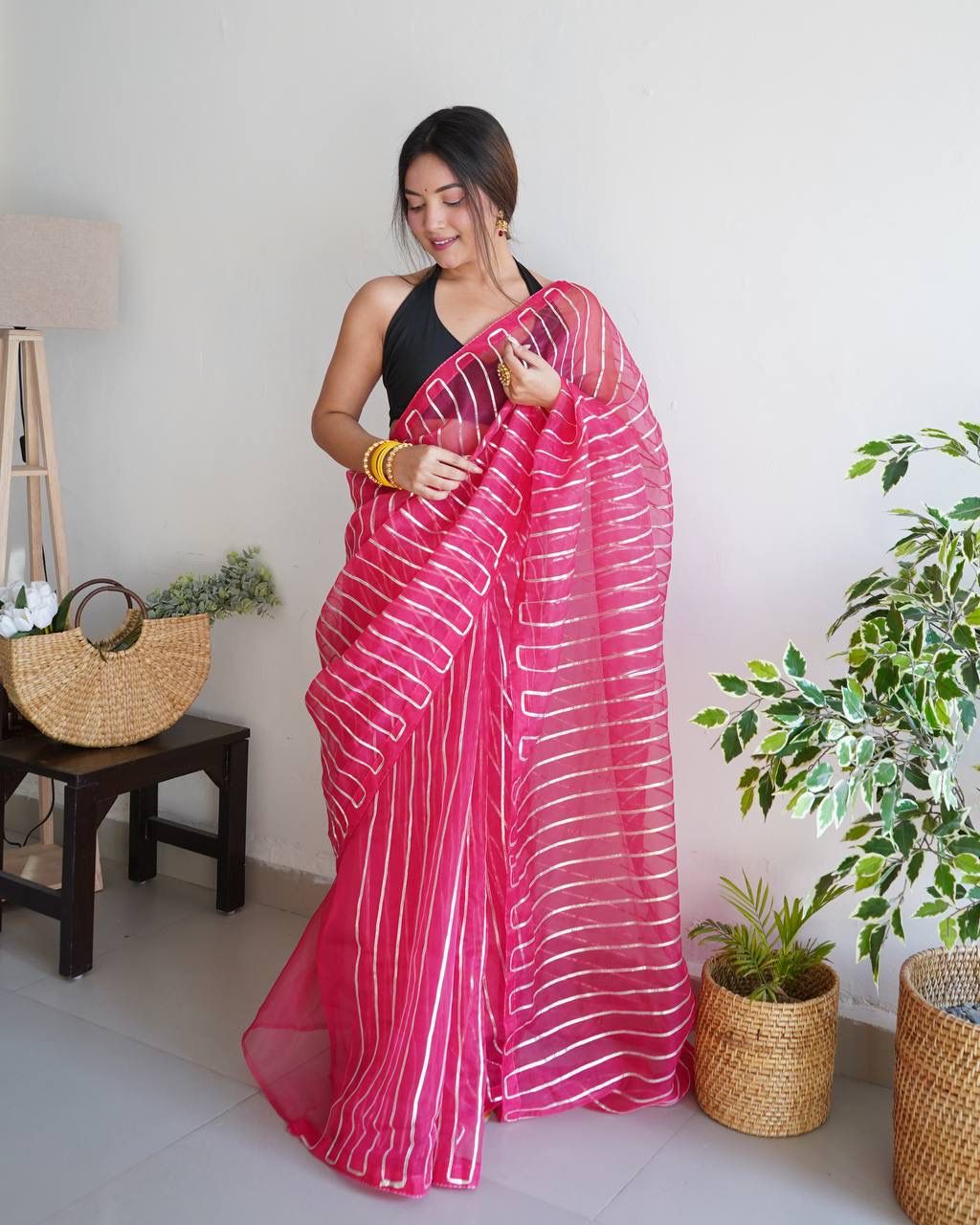 Designer Organza Silk Pink Color Saree