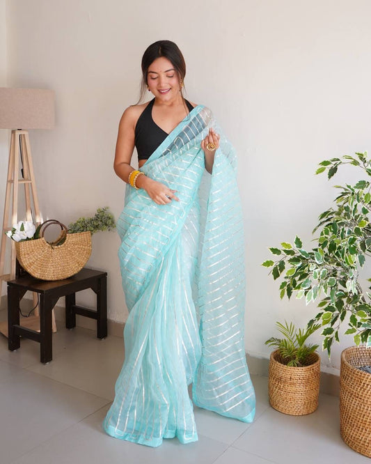 Designer Organza Silk Sky Blue Color Saree