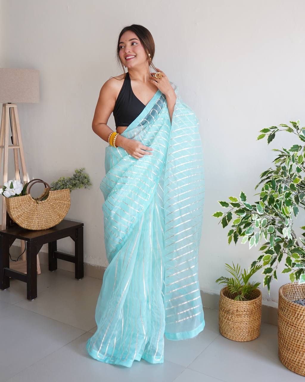 Designer Organza Silk Sky Blue Color Saree