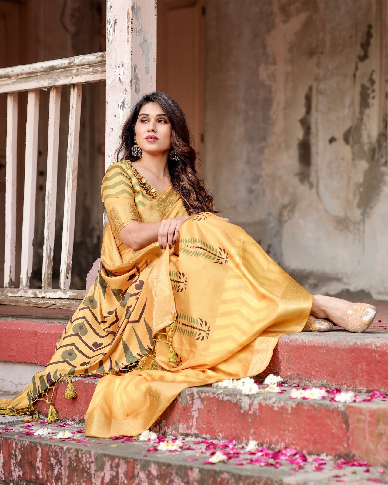 Glossy Haldi Wear Yellow Color Digital Printed Saree