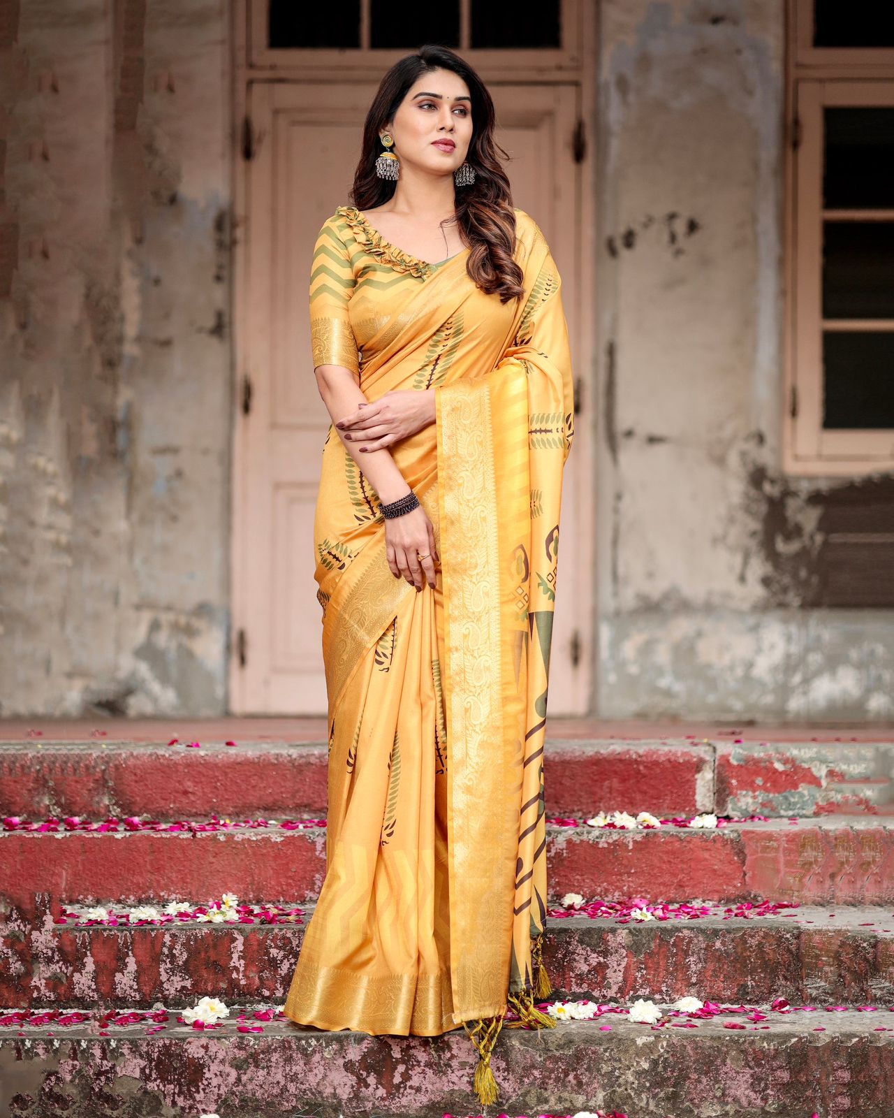 Glossy Haldi Wear Yellow Color Digital Printed Saree