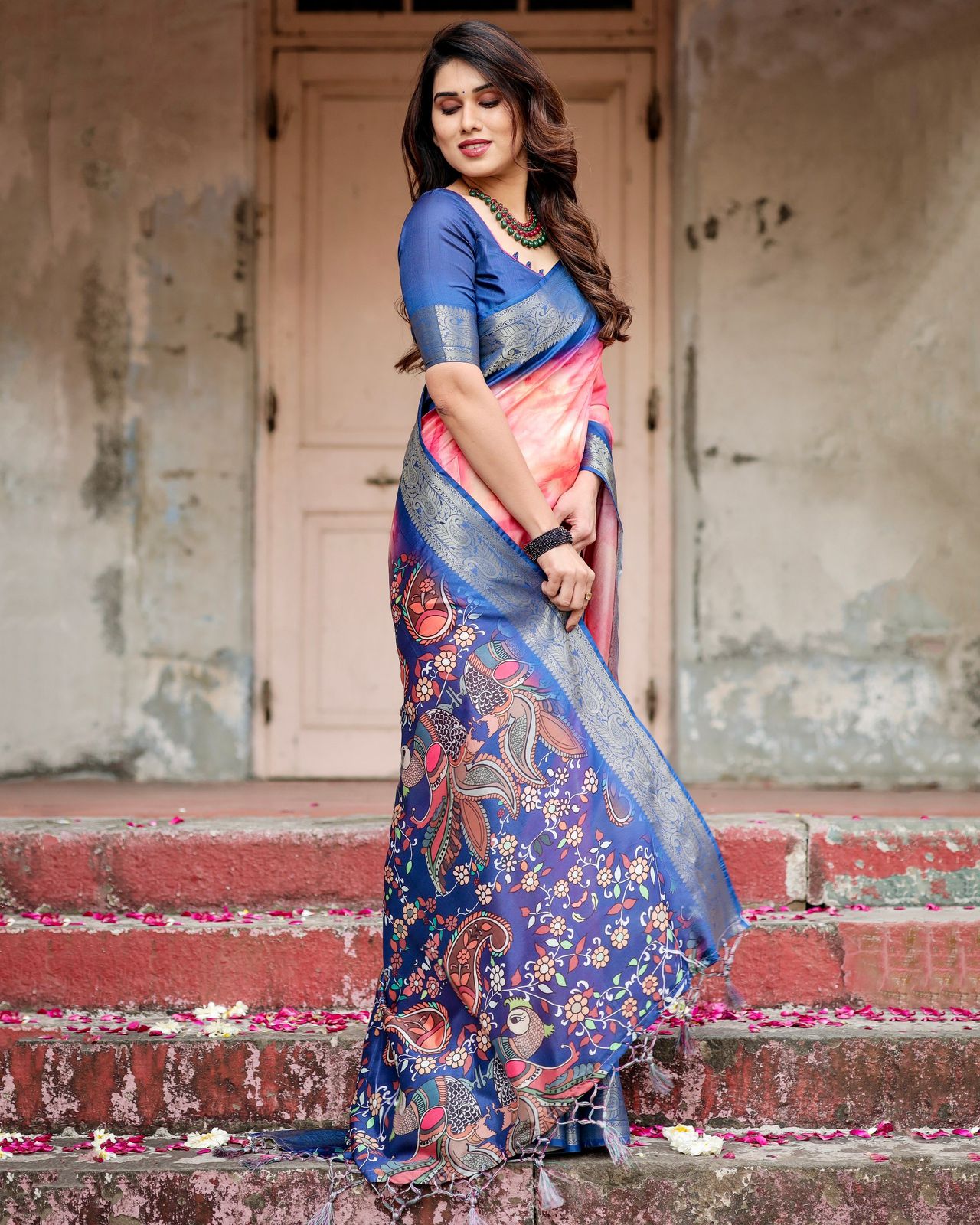 Blissful Off Pink Color Digital Printed Saree