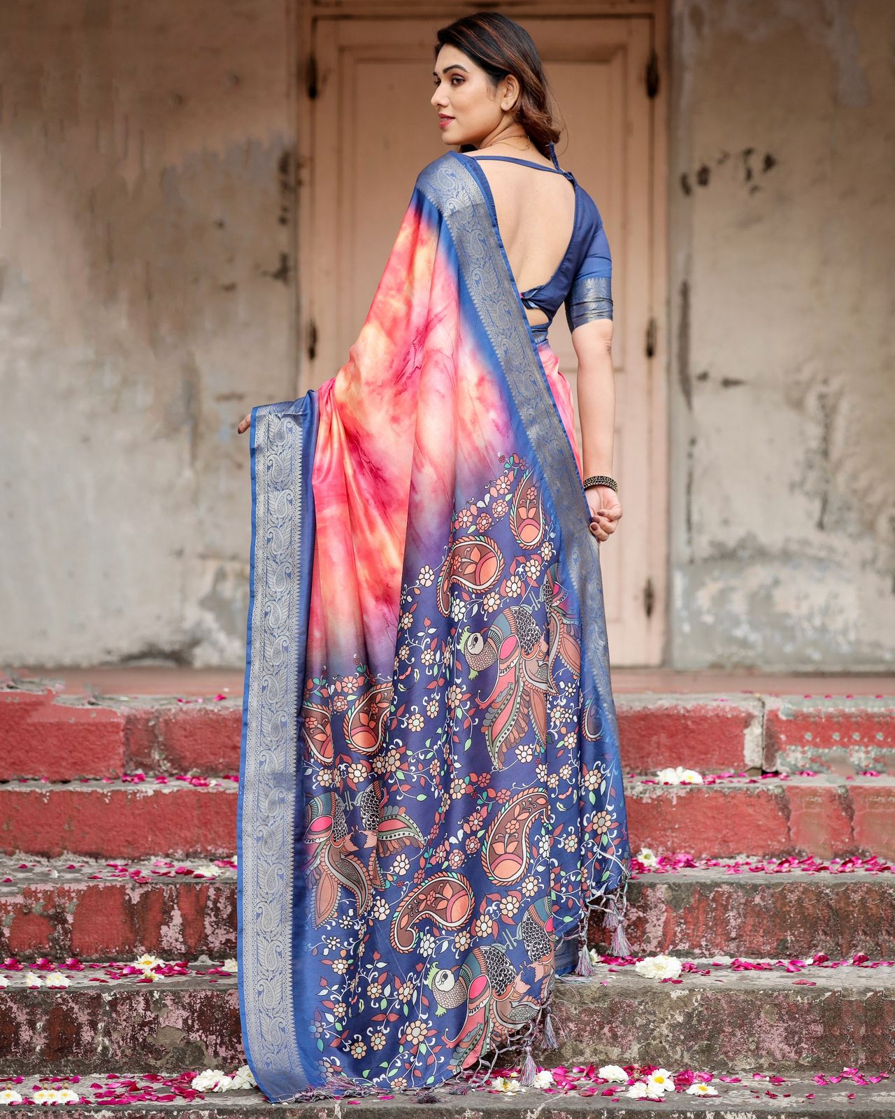 Blissful Off Pink Color Digital Printed Saree