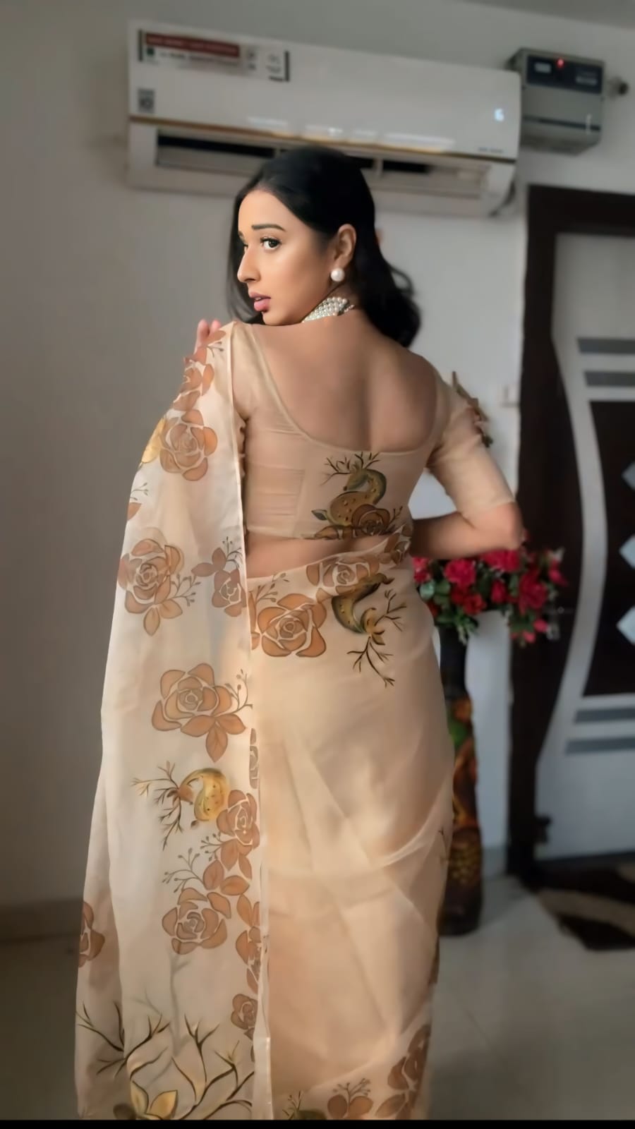 Imposing Beige Color Ready To Wear Organza Silk Saree