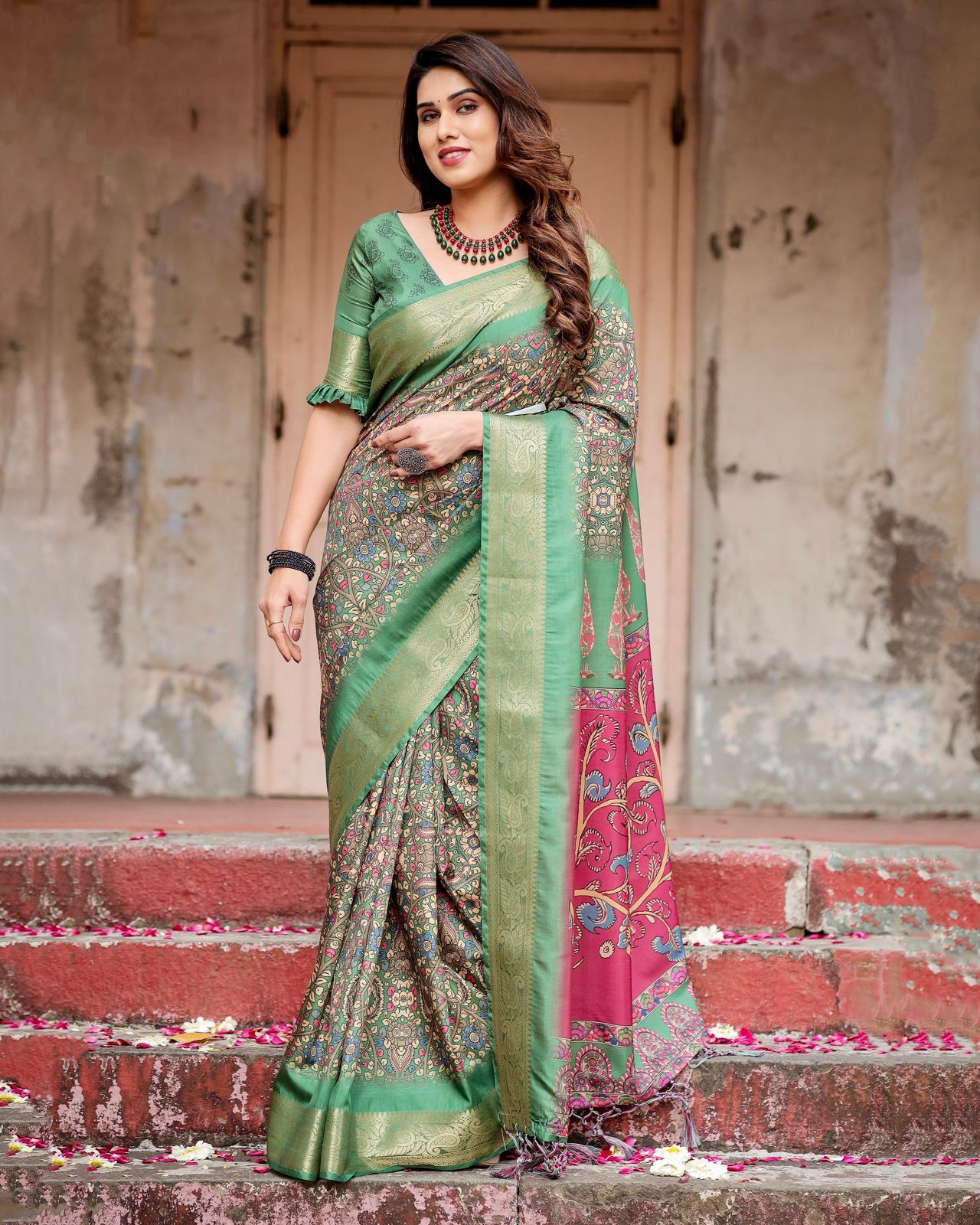 Designer Perrot Color Digital Printed Saree