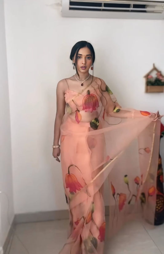 Graceful Peach Color Ready To Wear Organza Silk Saree