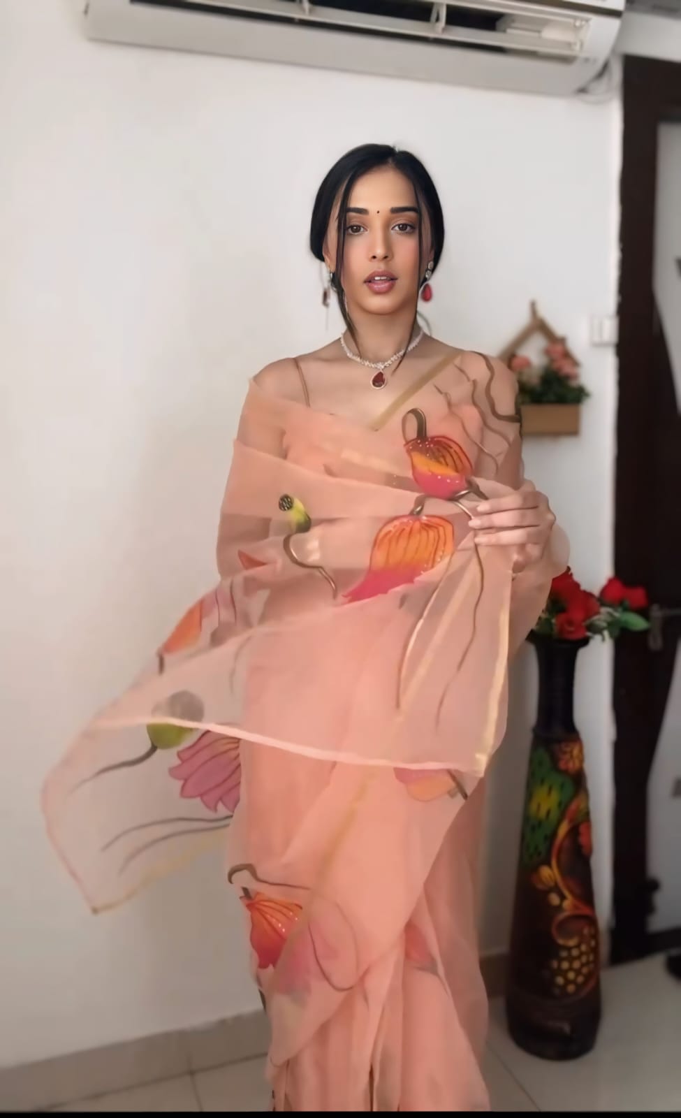 Graceful Peach Color Ready To Wear Organza Silk Saree