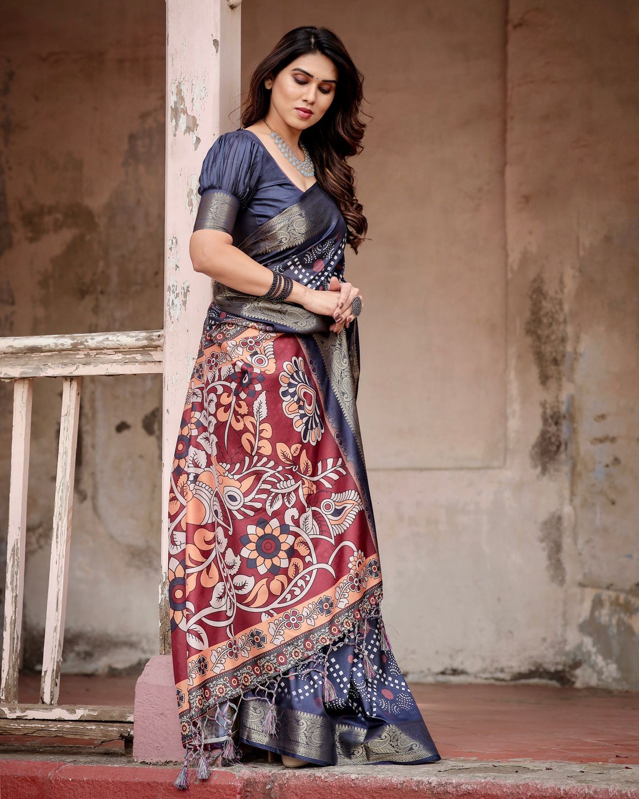 Designer Printed Silk Blue Color Saree