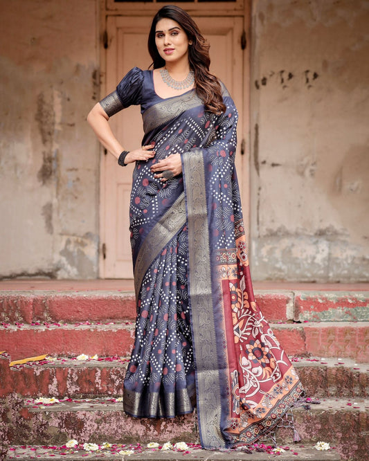 Designer Printed Silk Blue Color Saree