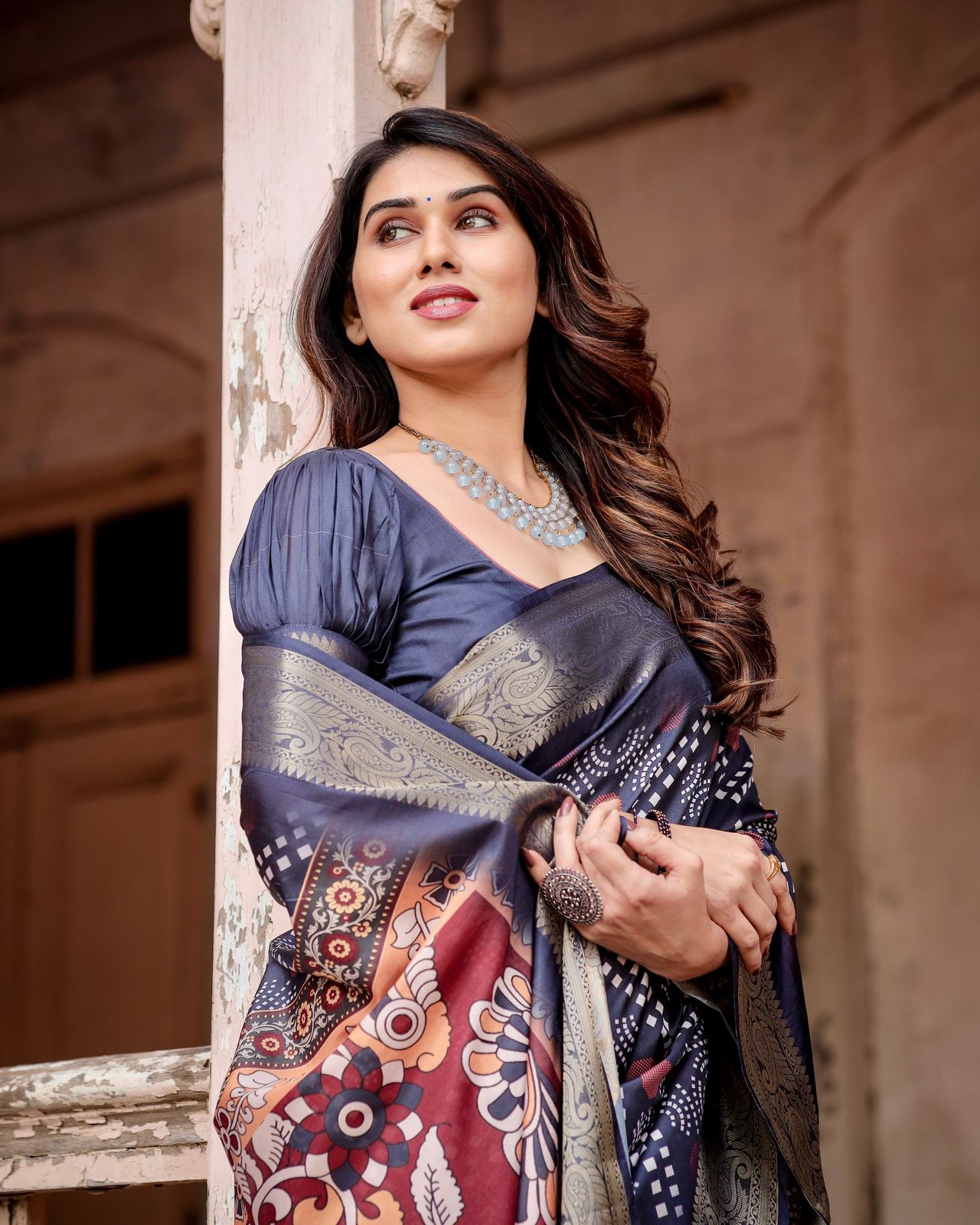 Designer Printed Silk Blue Color Saree