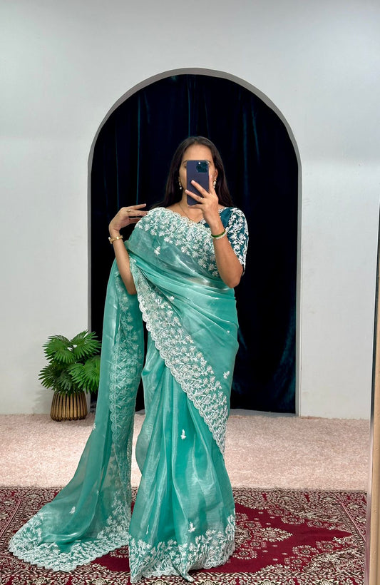 Precious Sky Blue Color Organza Saree