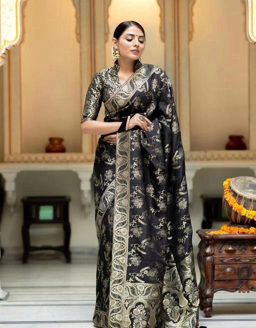 Peaceful Black Color Lichi Silk Saree