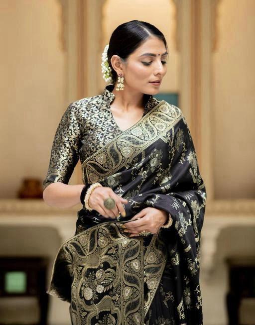 Peaceful Black Color Lichi Silk Saree