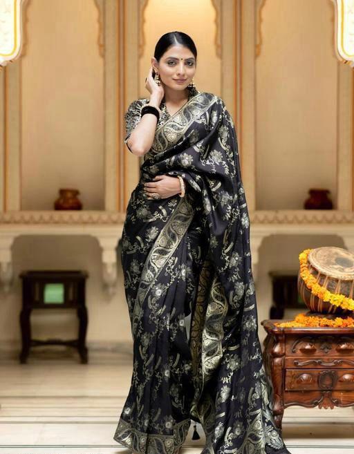 Peaceful Black Color Lichi Silk Saree