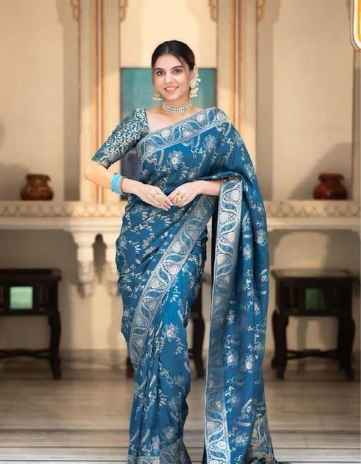 Peaceful Rama Color Lichi Silk Saree