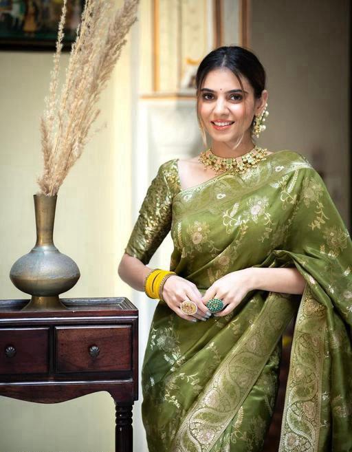 Peaceful Mehndi Wear Green Color Lichi Silk Saree