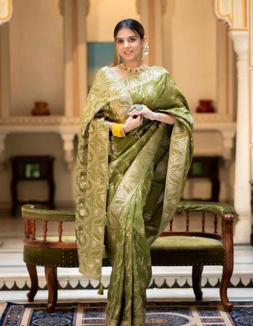 Peaceful Mehndi Wear Green Color Lichi Silk Saree