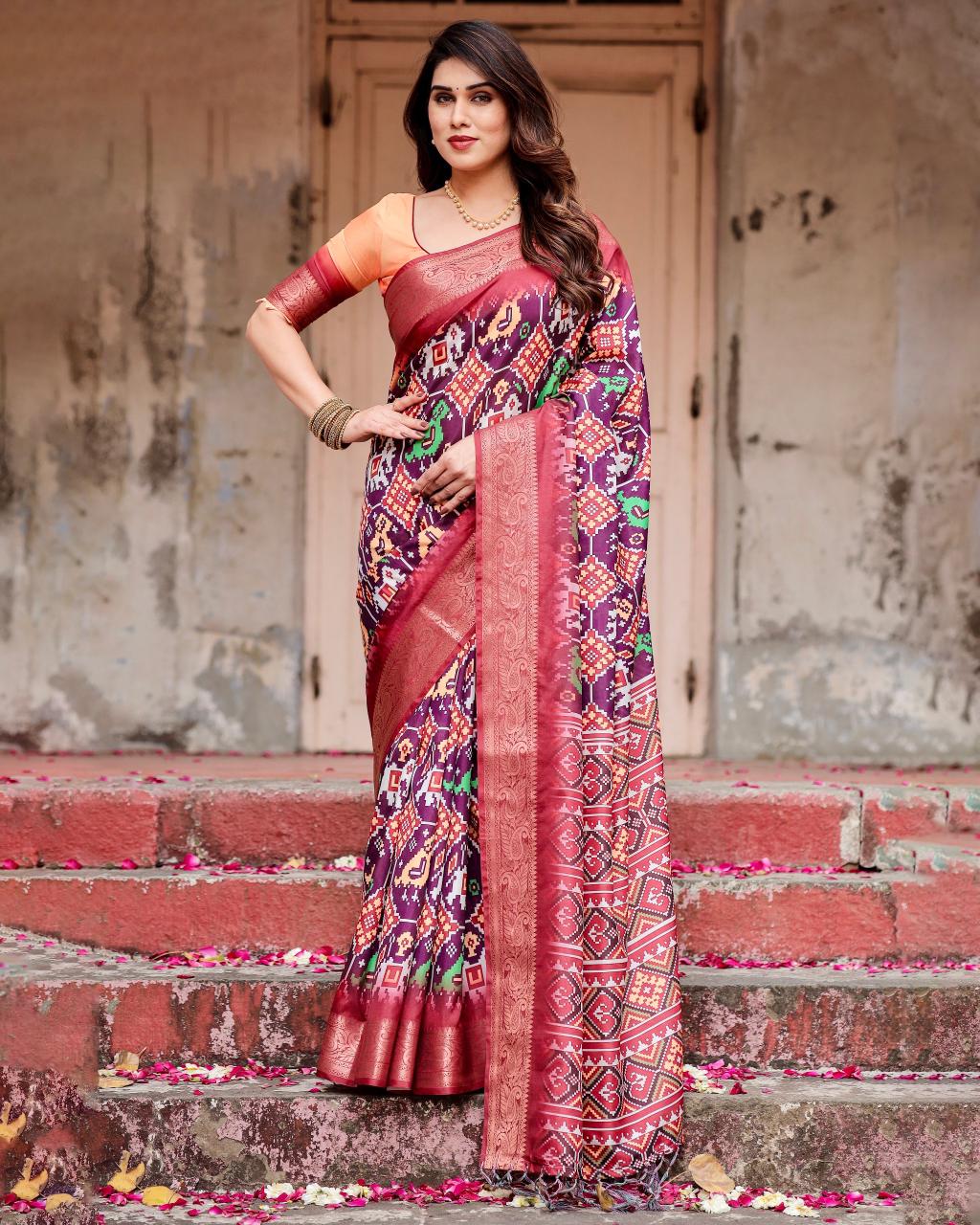 Graceful Pink Color Printed Silk Saree