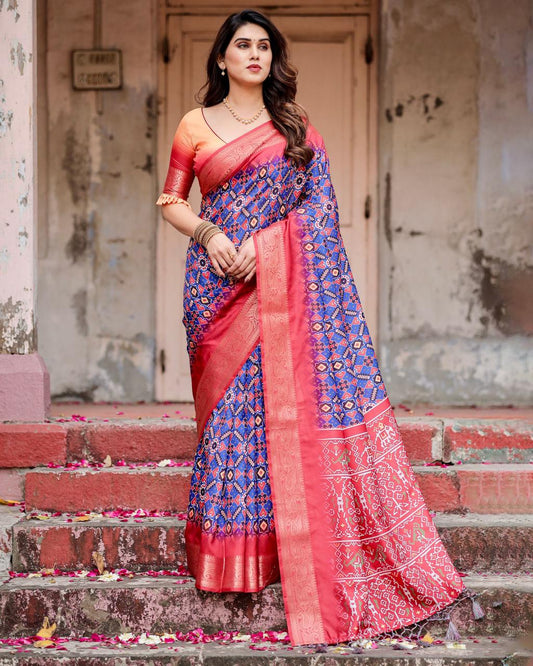 Peaceful Blue Color Printed Silk Saree