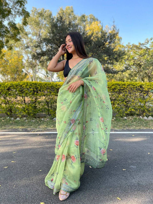 Presenting Organza Silk Pista Color Saree