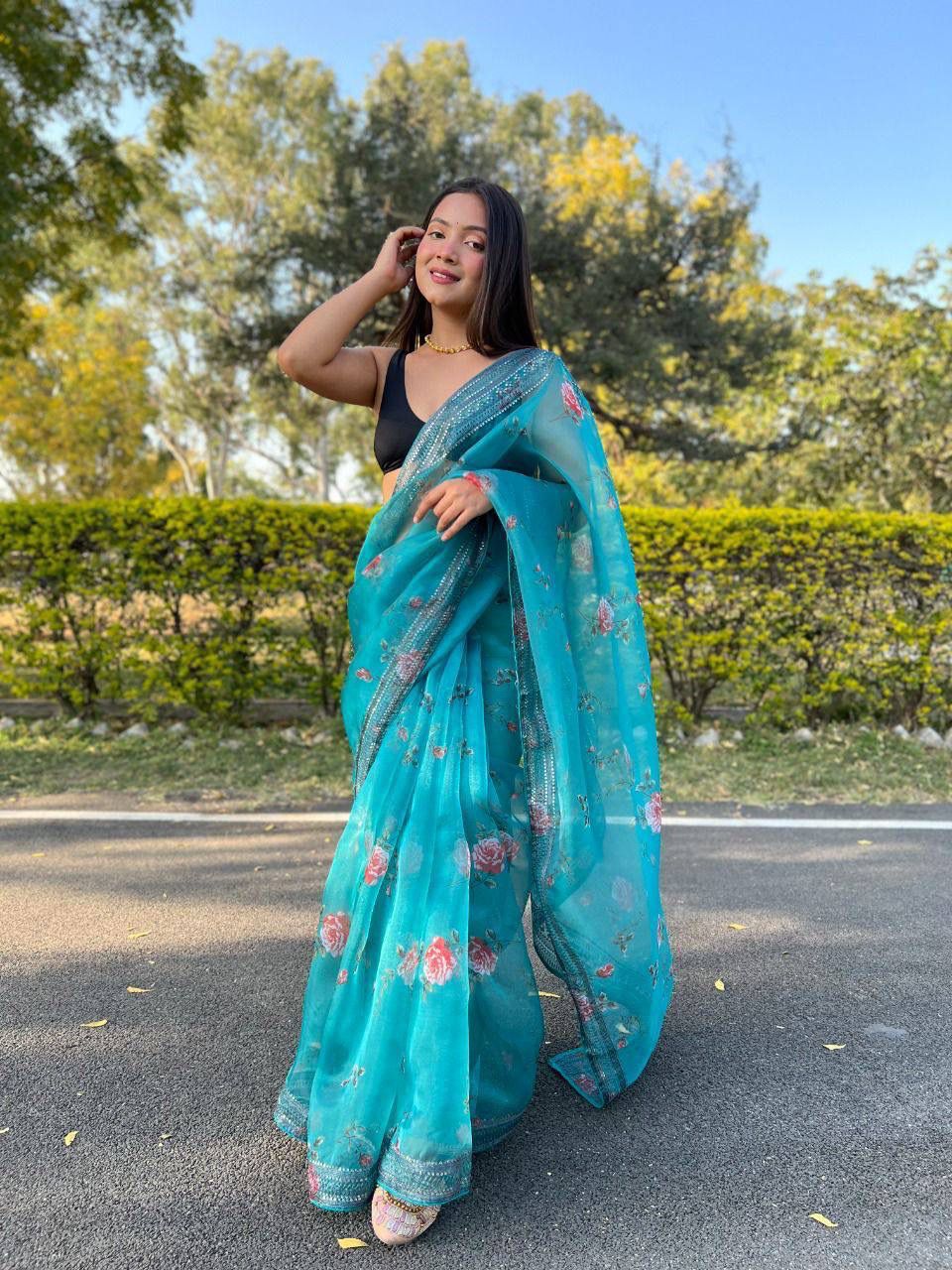 Presenting Organza Silk Blue Color Saree