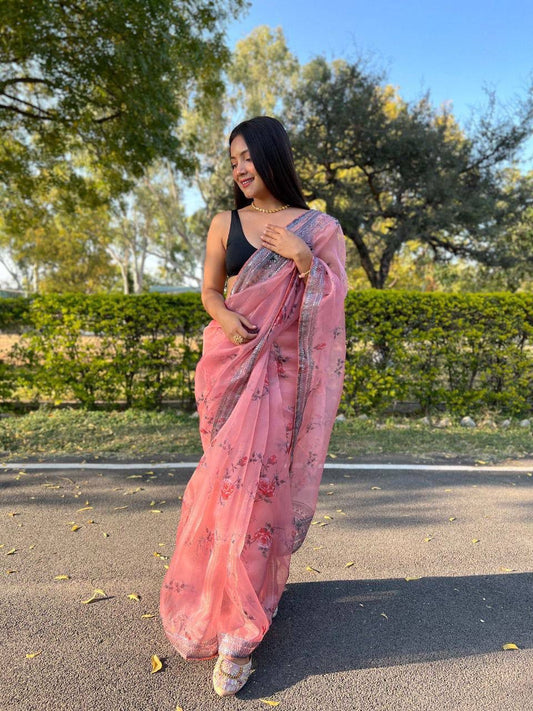 Presenting Organza Silk Pink Color Saree