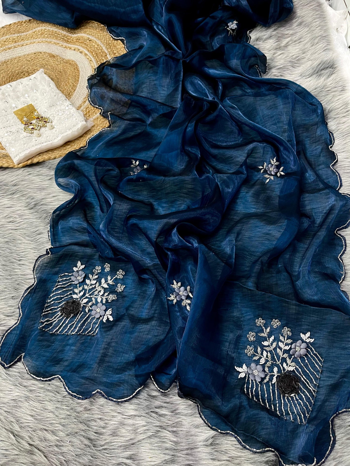 Luxuriant Blue Color Organza Silk Saree