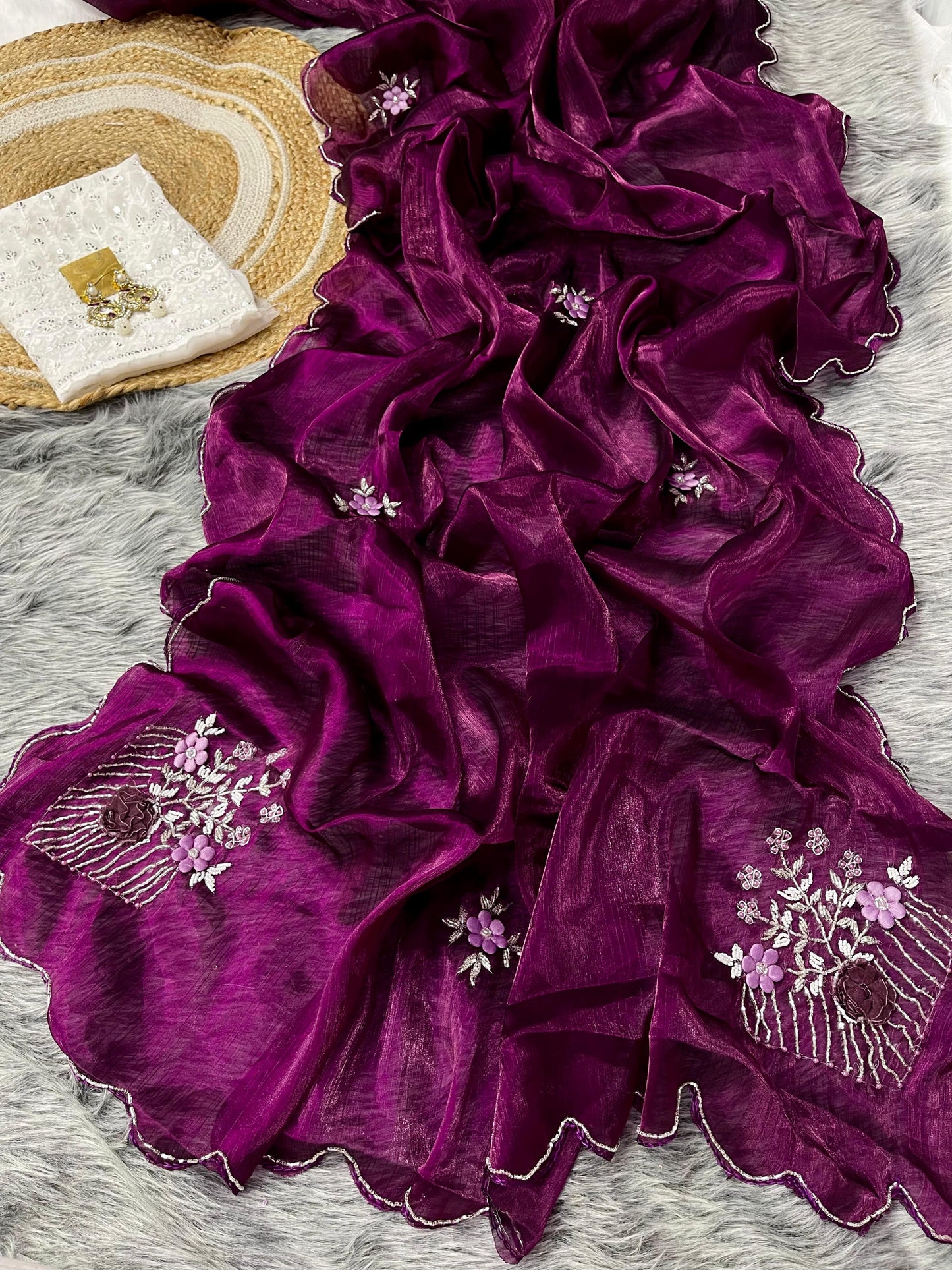 Luxuriant Wine Color Organza Silk Saree